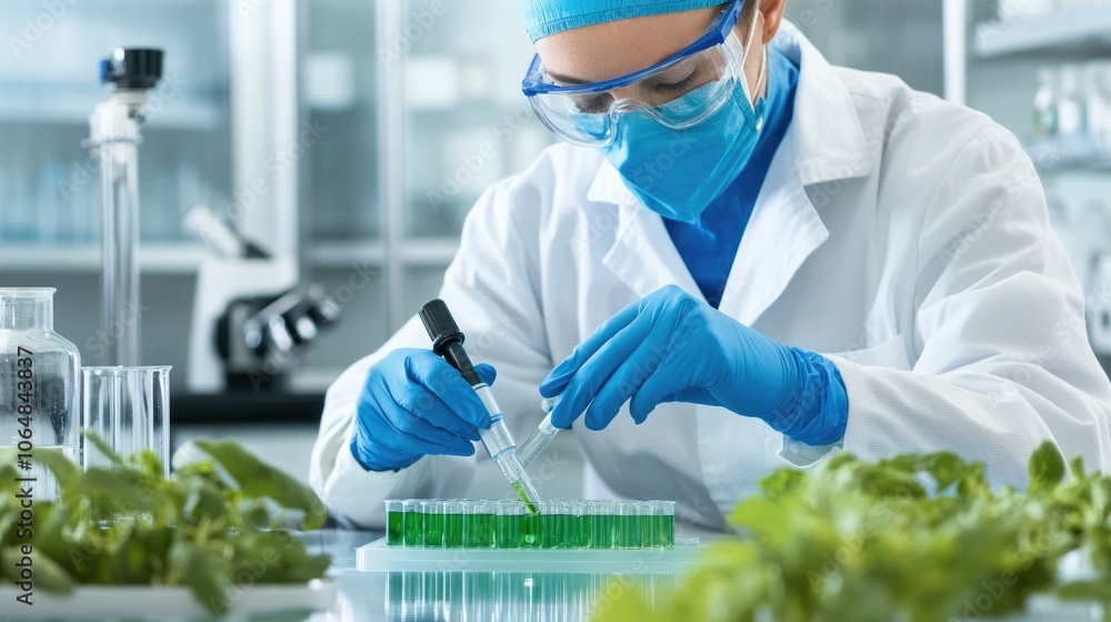 Poster technician in white lab coat and safety gear carefully testing and analyzing biofuel samples using a