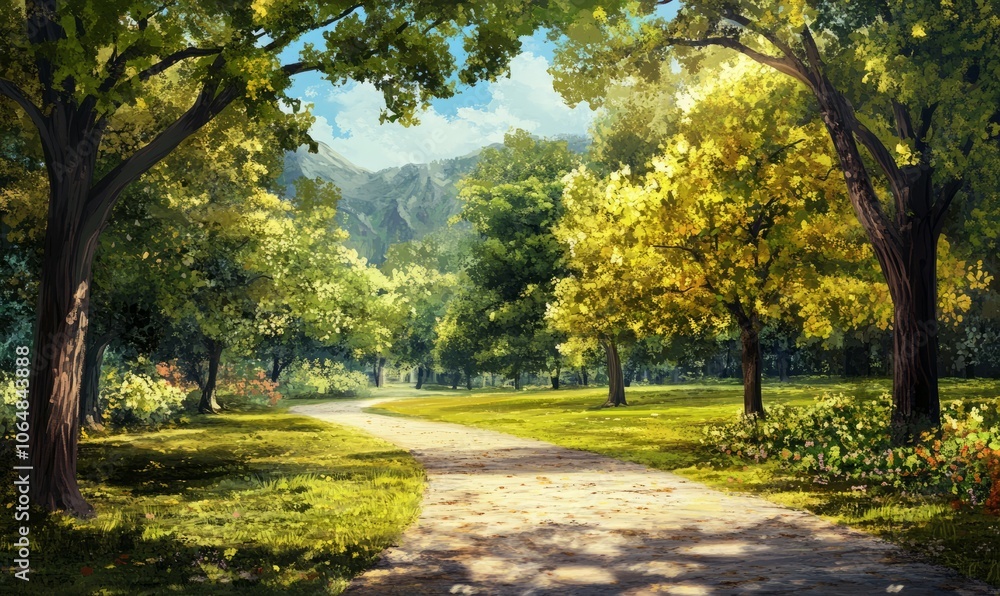 Poster a park with a path and trees