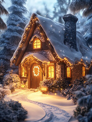 クリスマス装飾の暖かい灯りがともる雪の小屋 Charming Snowy Cabin with Warm Lights and Christmas Decor｜Generative AI