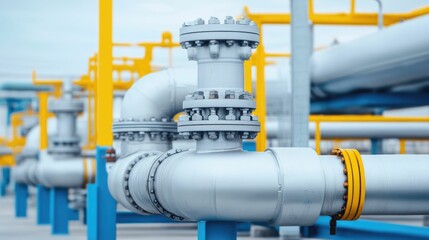 Aerial view of a natural gas processing facility with intricate piping systems clean industrial design and a deep depth of field showcasing the scale and complexity of the industrial infrastructure