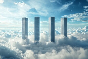 Fototapeta premium A surreal scene of four tall, thin office buildings floating above the clouds in space. 