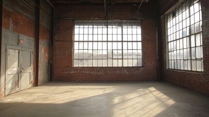 An industrial warehouse with exposed brick and large windows,