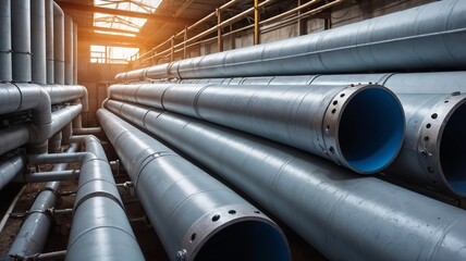 Naklejka premium Large industrial pipes in factory setting, illuminated by sunlight, engineering design, copy space