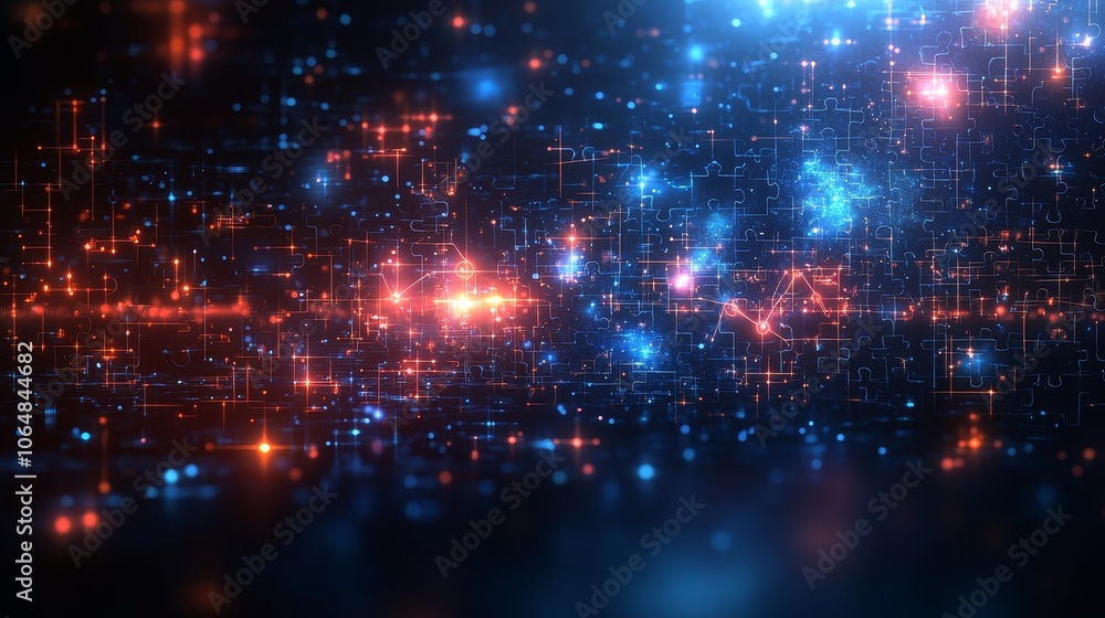 Poster explore the dynamic interplay of light and data in a vibrant abstract digital landscape