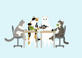 仕事で忙しい猫の同僚におにぎりと緑茶を差し入れする猫たと