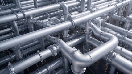 Industrial metal piping system, complex arrangement, engineering design, machinery structure, copy space