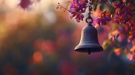 Bell Hanging from Branch with Flowers and Bokeh Background