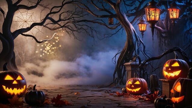 A scary and smoky 4k Halloween card with bookeh effect and carved pumpkins