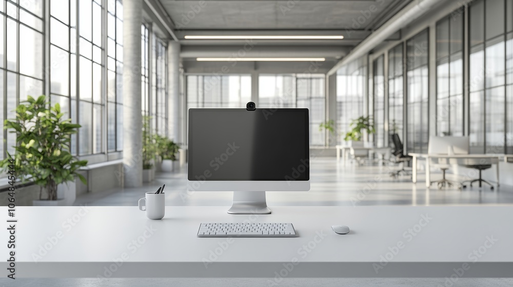 Poster modern office desk with computer keyboard mouse and webcam