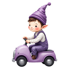 Cute Elf Riding Purple Toy Car
