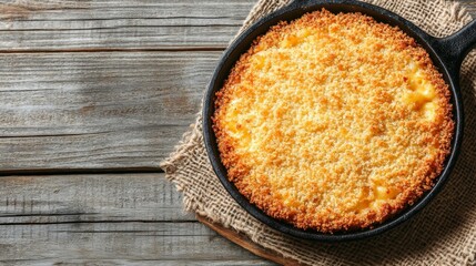 Baked Macaroni and Cheese in Cast Iron Skillet on Rustic Wooden Table