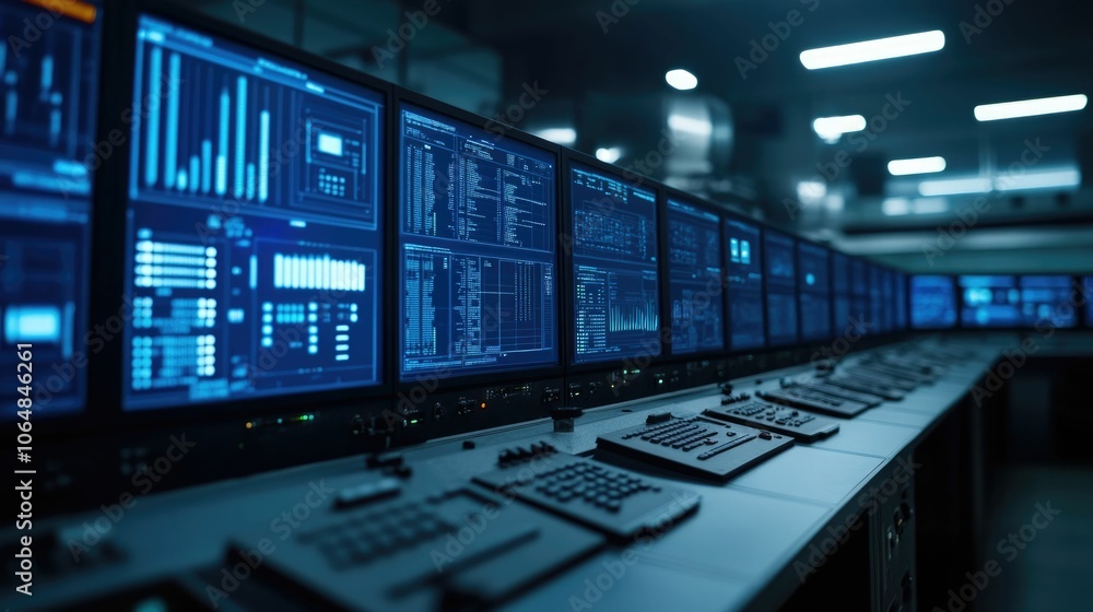 Aufkleber futuristic control room interior with multiple monitors displaying real time fuel processing data an
