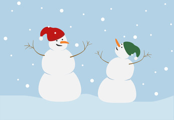 Two happy snowmen looking at the falling snow.