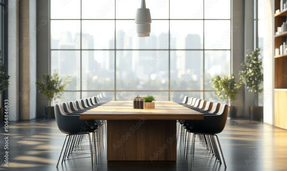 Poster a professional setting features a long wooden conference table surrounded by sleek chairs, illuminat