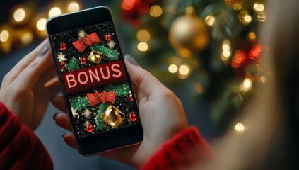 Holding a smartphone showcasing a festive bonus