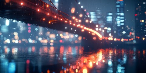 Naklejka premium A captivating view of a city bridge lit up at night. The water reflects vibrant lights and colors. This image captures modern architecture and urban life. 