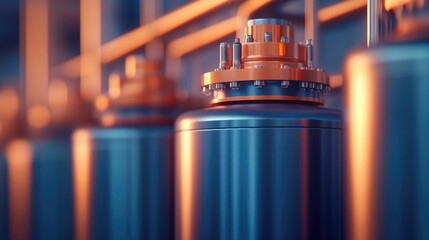 Fototapeta premium Sleek and metallic industrial distillation tower with pipes valves and intricate engineering design used for fuel refining process in a deep depth of field setting