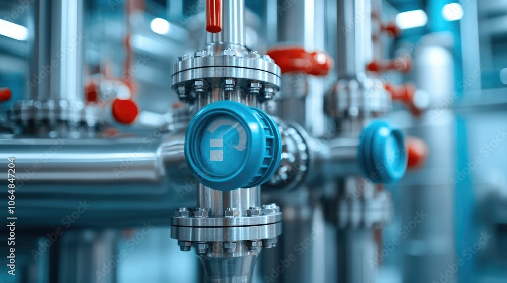 Poster close up view of a sleek modern distillation tower with intricate piping and valves within an indust