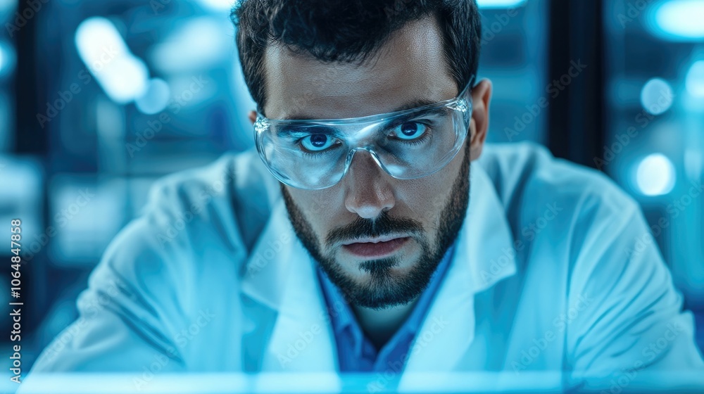 Poster close up shot of a professional scientist or lab technician analyzing fuel components using advanced