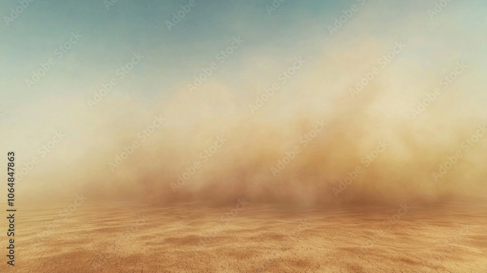 Poster a desert scene with a large cloud of dust in the background