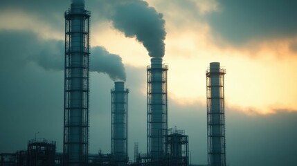 Fototapeta premium Organized and efficient refinery plant with steam rising from tall chimneys creating a dramatic and moody industrial landscape against a cinematic sky at sunset or sunrise