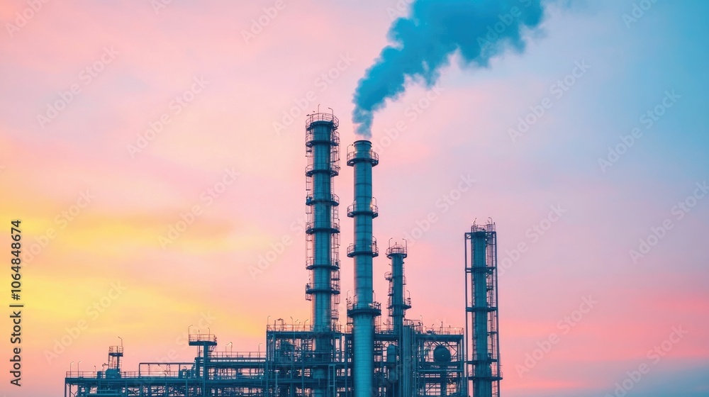 Poster organized and efficient refinery plant with steam rising from multiple chimneys showcasing the compl