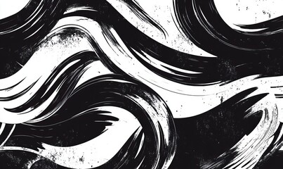 A seamless pattern showcases bold wavy and swirled brush strokes in striking black and white, ideal for diverse commercial design applications and artistic backgrounds