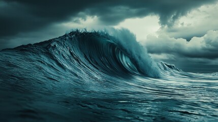Fototapeta premium A large wave is crashing into the ocean, with dark clouds looming overhead