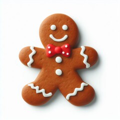 A gingerbread man with a ribbon decorated for Christmas, isolated with icing and a festive touch, perfect for a holiday treat