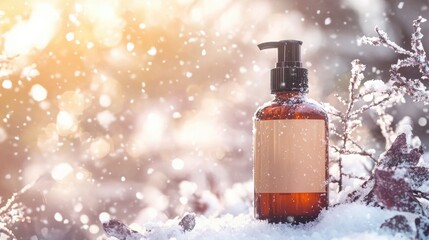A bottle of lotion is sitting on a snowy ground
