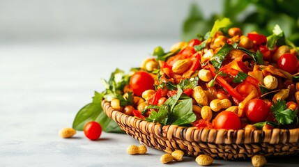 Burmese tea leaf salad with peanuts, tomatoes, and chili, presented on a woven tray, Burmese tea leaf salad, undiscovered tangy salad