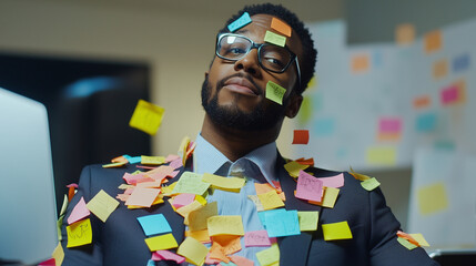Overwhelmed businessman adorned with colorful sticky notes, symbolizing a hectic schedule and heavy workload