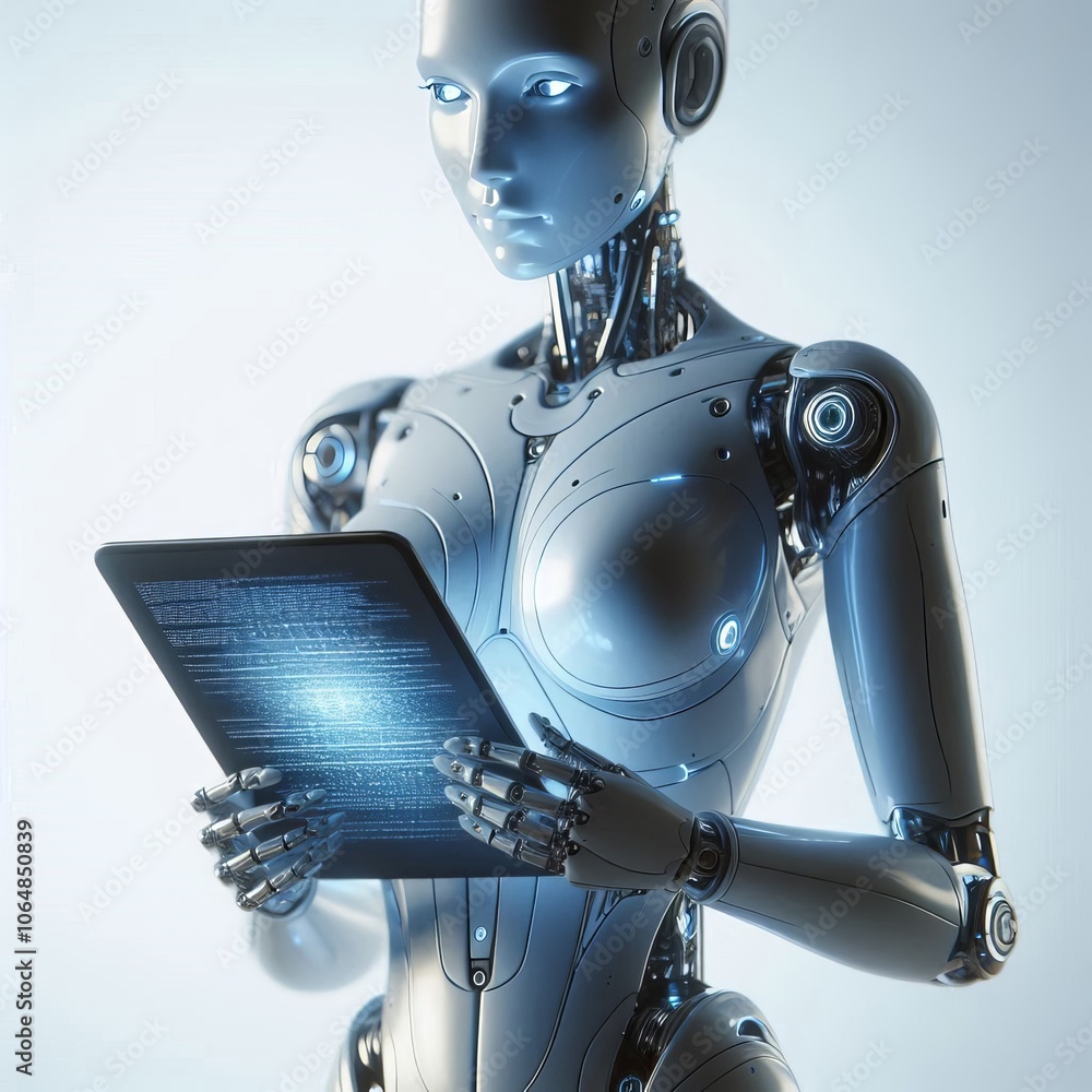 Poster female robot cyborg ai with technology and electronic equipment, 3d rendering of a powerful robotic 