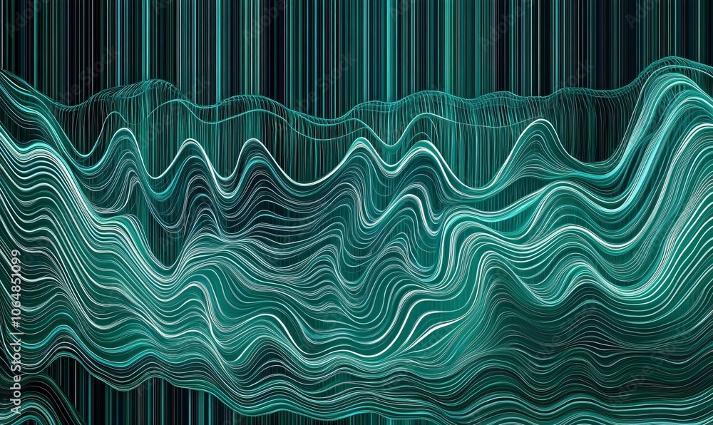 Poster a set of pulsating blue-green lines that ebb and flow, mimicking the rhythmic patterns of a musical 