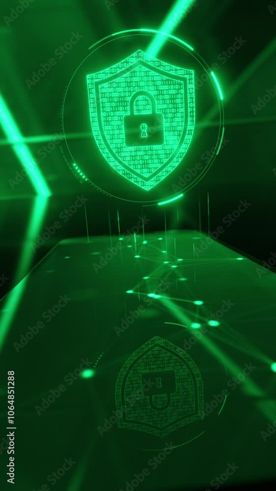 Aufkleber cybersecurity shield icon hologram and smartphone. data protection and privacy or antivirus concept.
