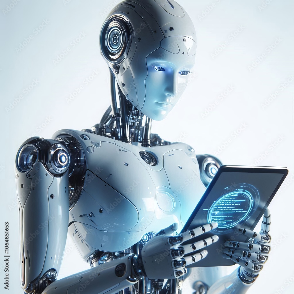 Poster female robot cyborg ai with technology and electronic equipment, 3d rendering of a powerful robotic 