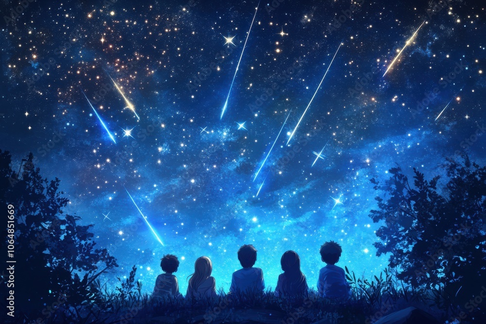 Wall mural starry night sky filled with shooting stars, creating a magical atmosphere as a group of friends gaz