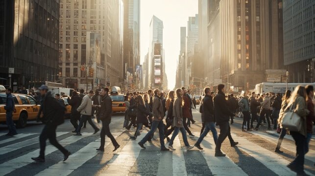 bustling city street with people crossing a wide zebra crossing during the daytime. The surrounding area is filled with tall buildings, and city traffic. The sunlight filters through the skyscrapers