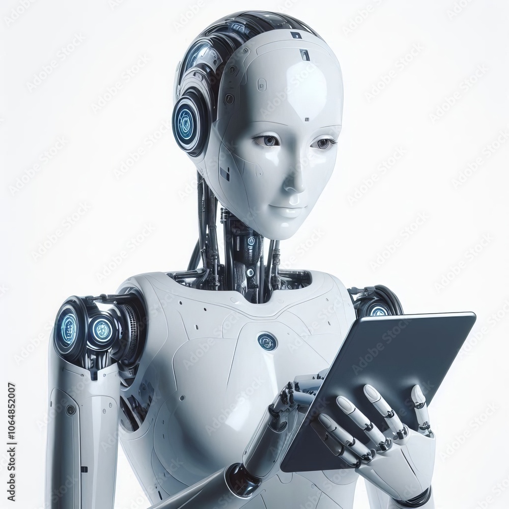 Poster female robot cyborg ai with technology and metal equipment, 3d rendering of a powerful robotic objec