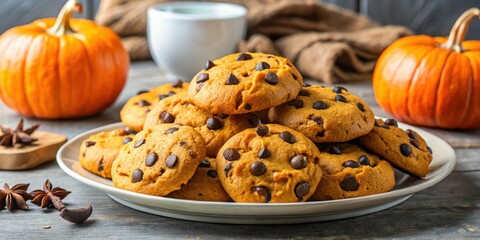 Plate of homemade pumpkin cookies with dark chocolate chips , pumpkin, cookies, dark chocolate, homemade, plate, fall, autumn