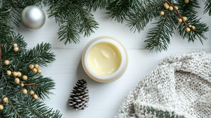 A jar of lotion sits on a table next to a pine cone and a white sweater