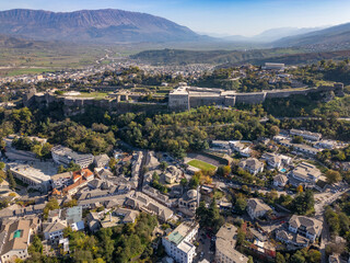 Obraz premium Aerial drone photo of the old castle in Gjirokaster Albania.