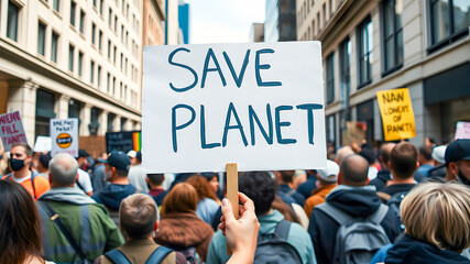 Back view of protesters holding signs saying SAVE PLANET, a global warming concept.