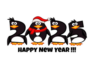 Happy New Year 2025, numbers like penguins. Calendar Date. Cartoon illustration