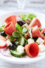 Salad with Salami, Feta Cheese, Black Olives, Cucumber and Cherry Tomatoes. Close up.