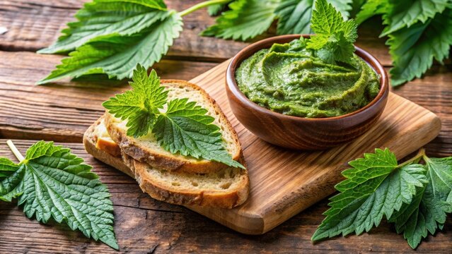 Bowl of homemade nettle butter, a wild plant spread on fresh bread , nettle, butter, homemade, bread spread, wild plants