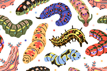 Seamless caterpillar pattern. Cute larval insects, repeating print, texture. Butterfly larva, endless background for wrapping, textile, fabric design. Printable repeatable flat vector illustration