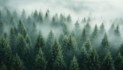 Fototapeta premium Misty Evergreen Forest from an Aerial View
