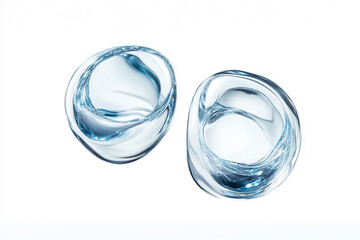 3D of transparent water droplets in the shape of an abstract on white background, floating and swirling around each other, creating a sense of movement.