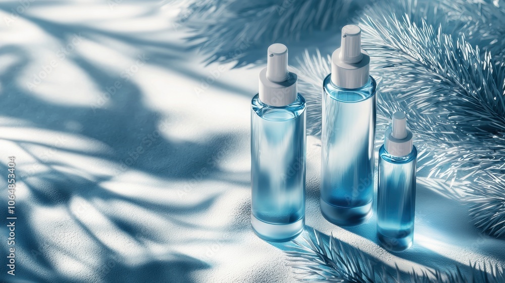 Poster three bottles of perfume are displayed on a snowy background